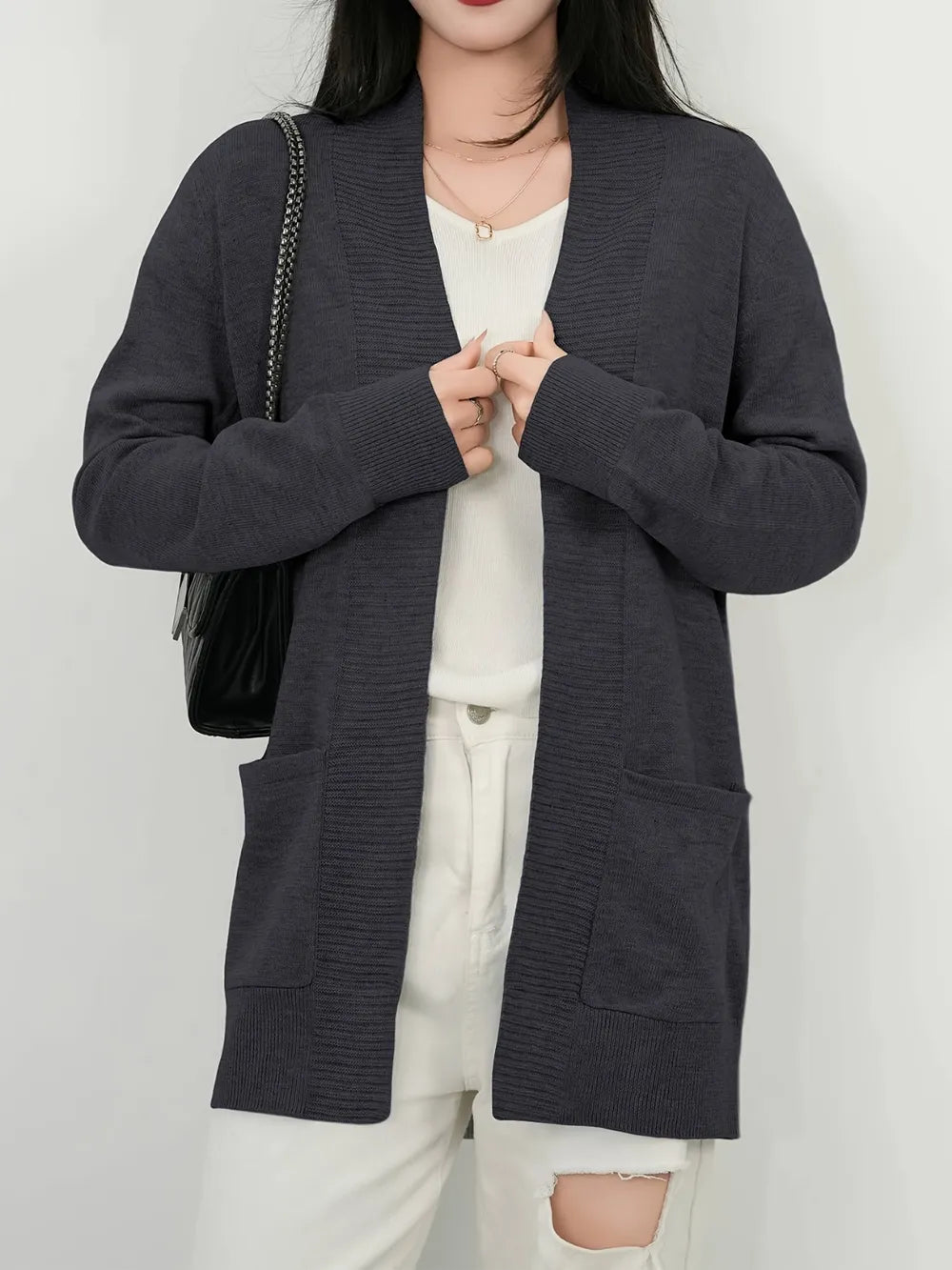 Open Front Long Sleeve Sweater Cardigan Dark Gray - Fashorio