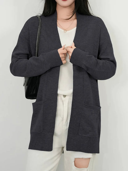 Open Front Long Sleeve Sweater Cardigan Dark Gray - Fashorio