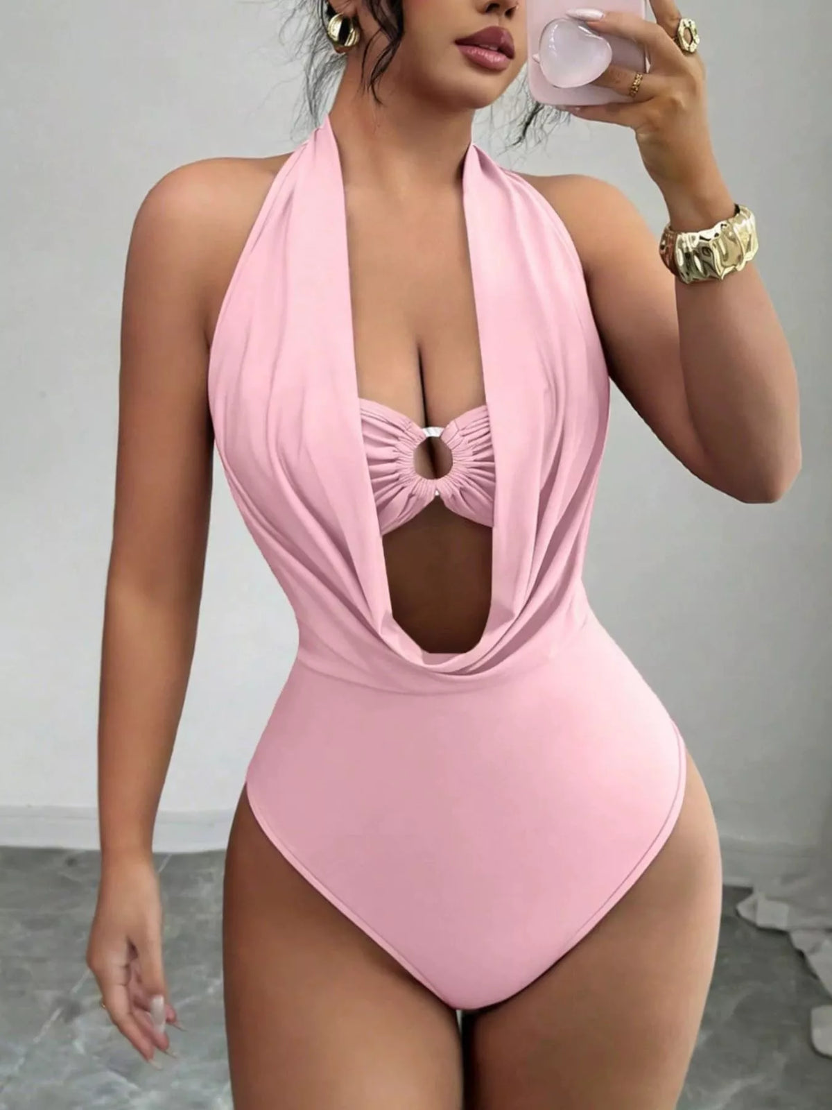 Halter neck bodysuit neckline and tie detail
