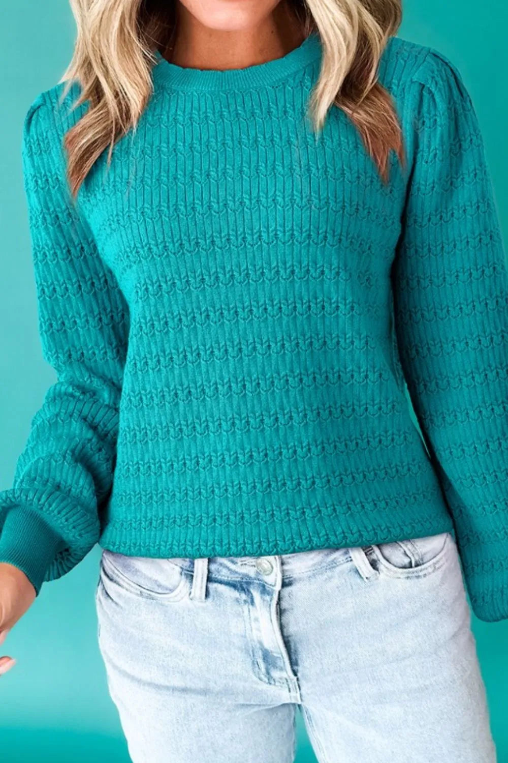 Texture Round Neck Long Sleeve Sweater - Fashorio