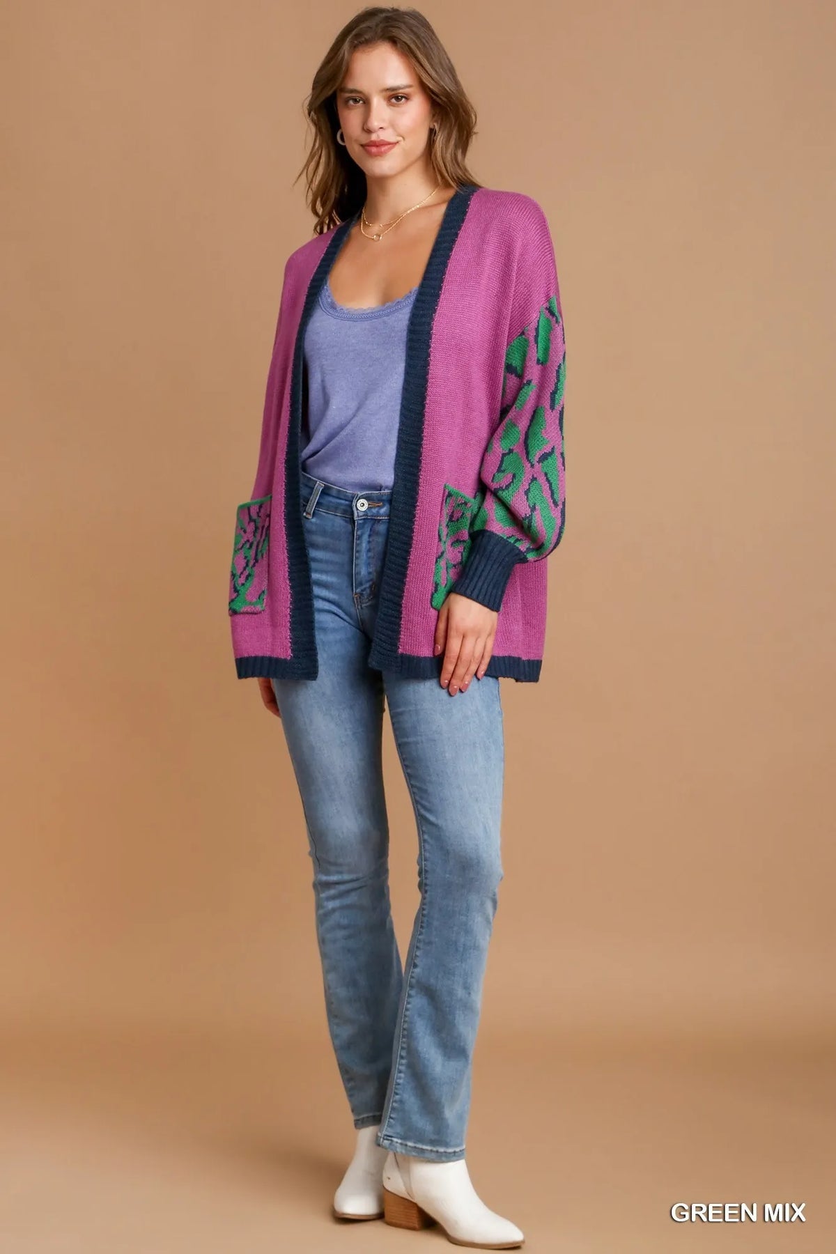 Animal Print Open Front Cardigan in Green on model