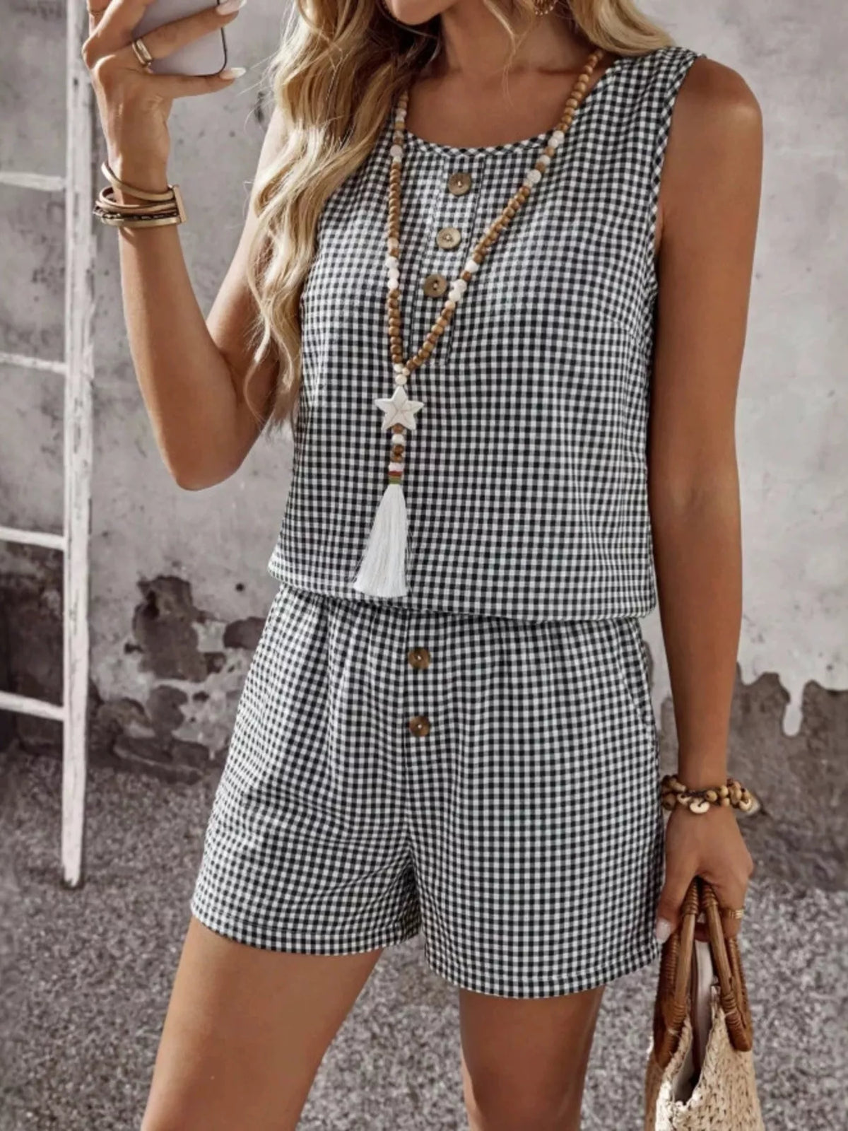 Gingham sleeveless top and shorts set front view