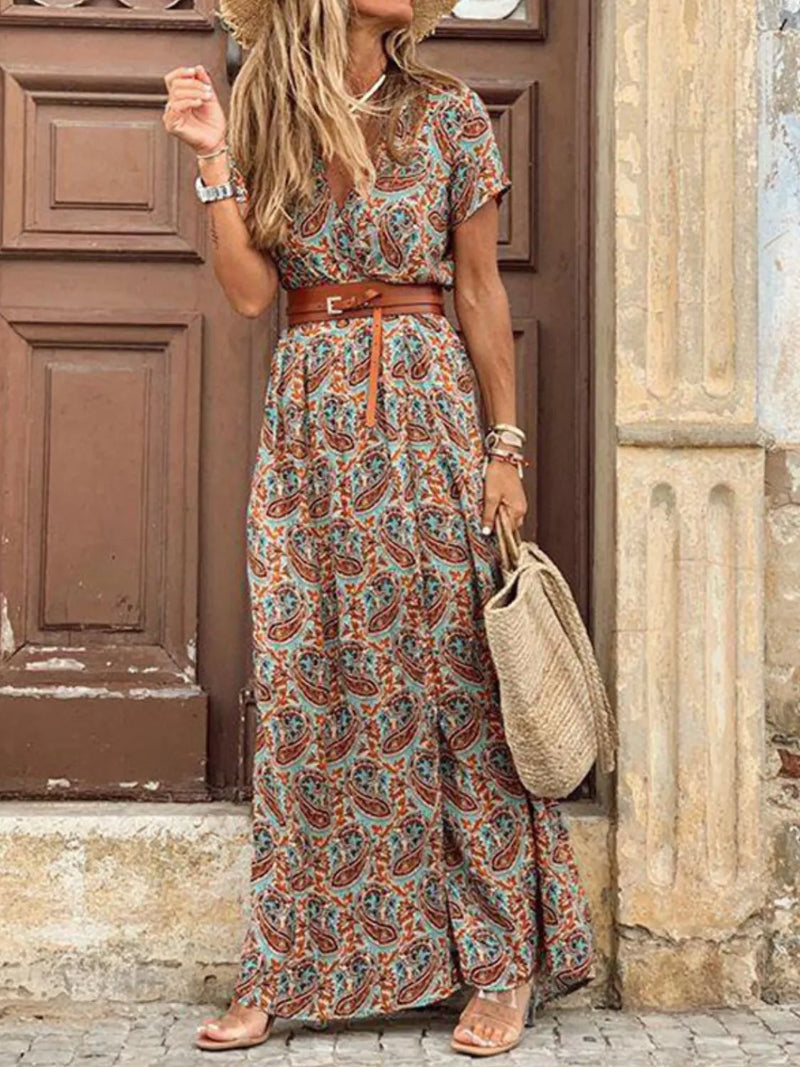 Printed V Neck Short Sleeve Maxi Dress front view