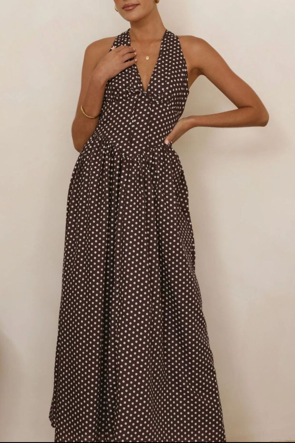 polka dot backless halter neck maxi dress fabric and print detail