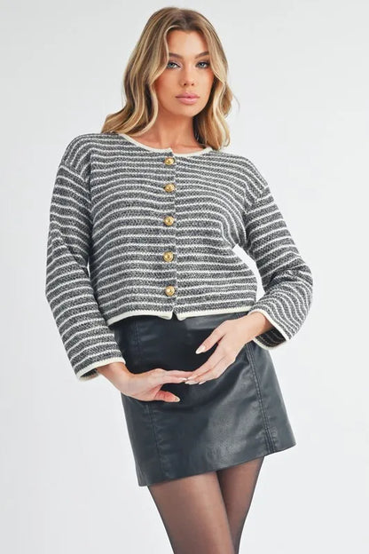 Aemi + Co Striped Button Down Round Neck Cardigan - Fashorio