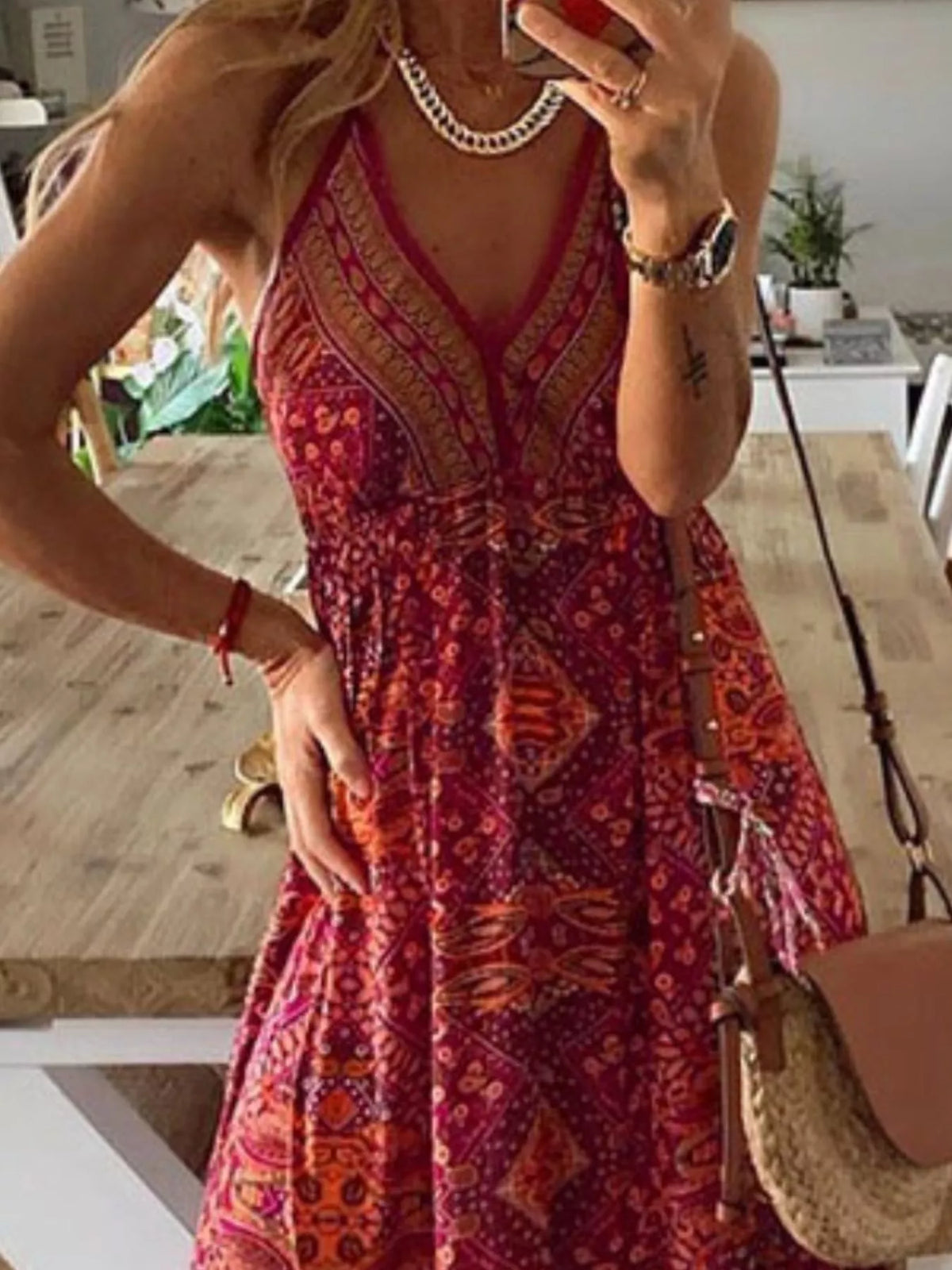 Deep red printed maxi dress V neckline detail