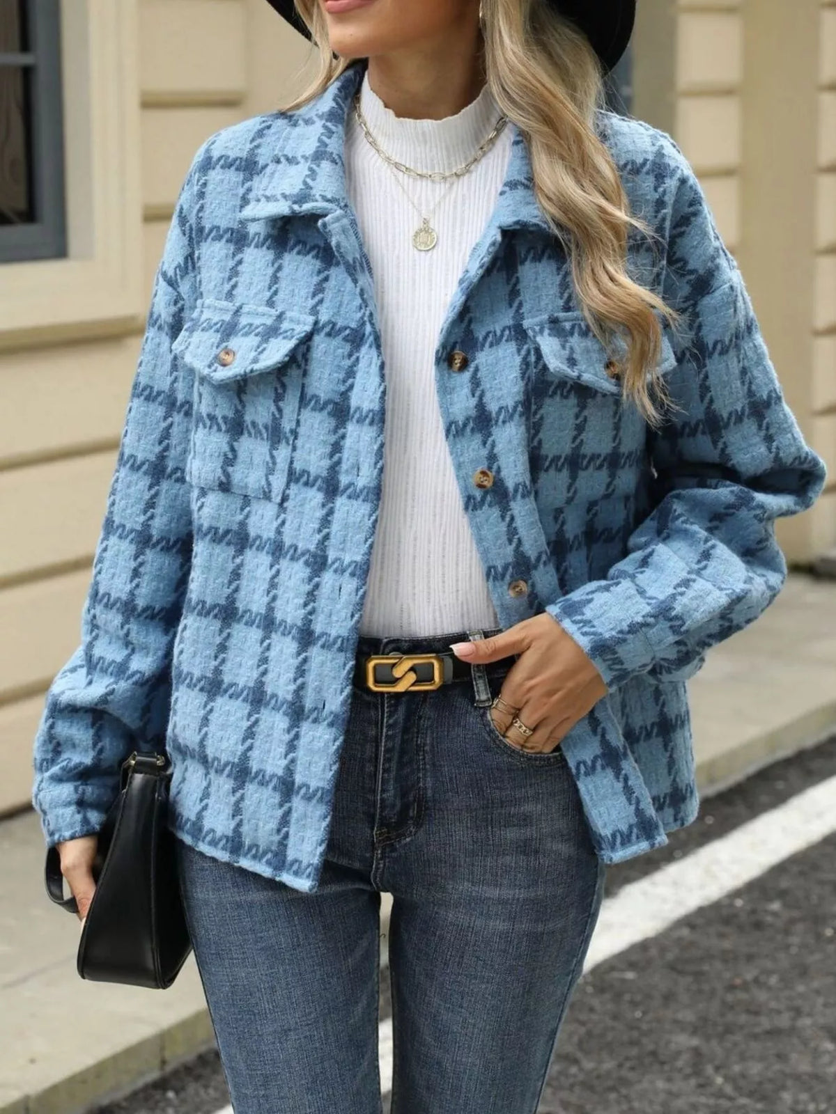Plaid Button Up Jacket in White and Red view 13
