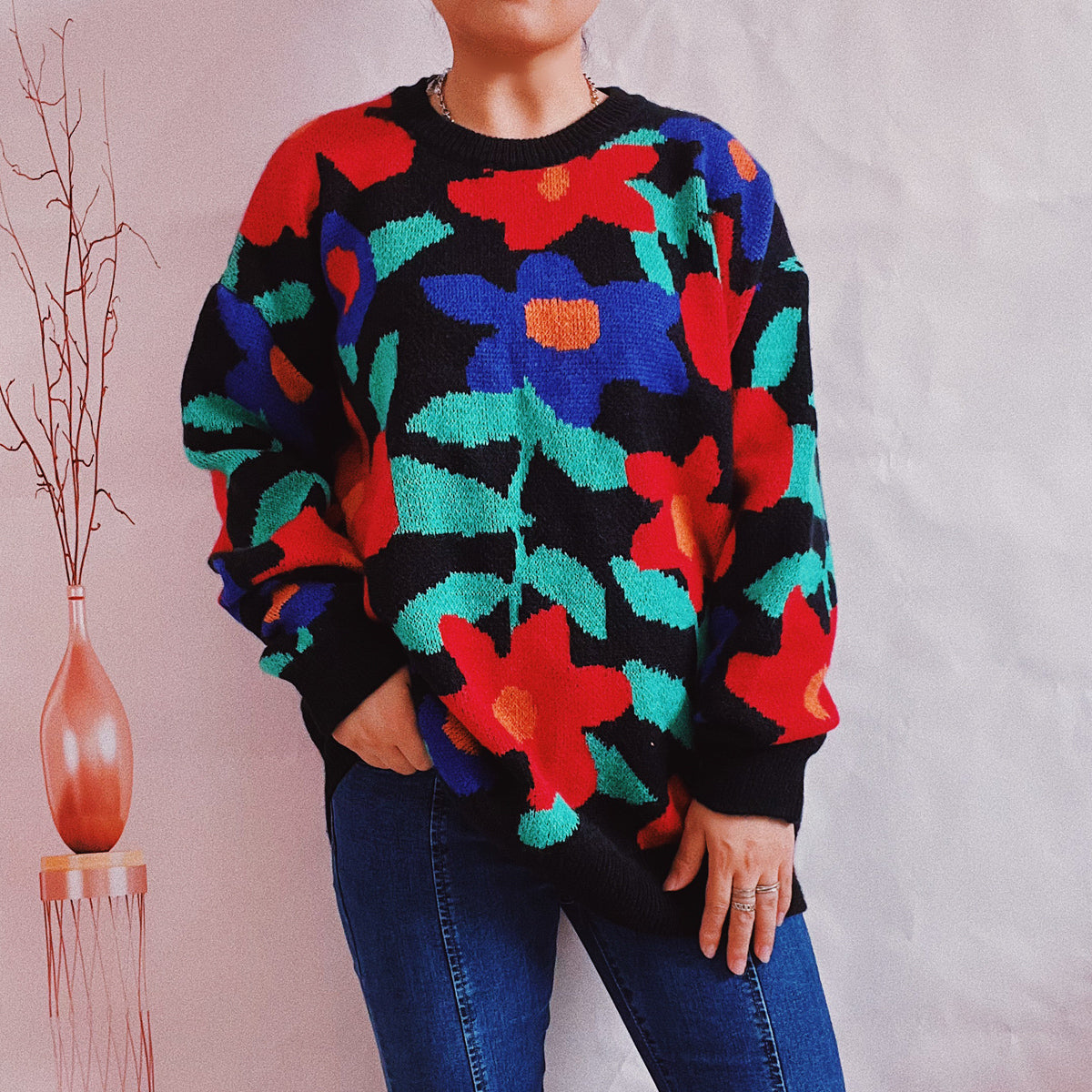 Floral Print Round Neck Drop Shoulder Sweater - Fashorio