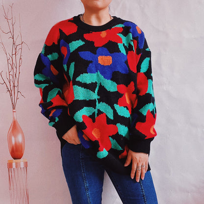 Floral Print Round Neck Drop Shoulder Sweater - Fashorio