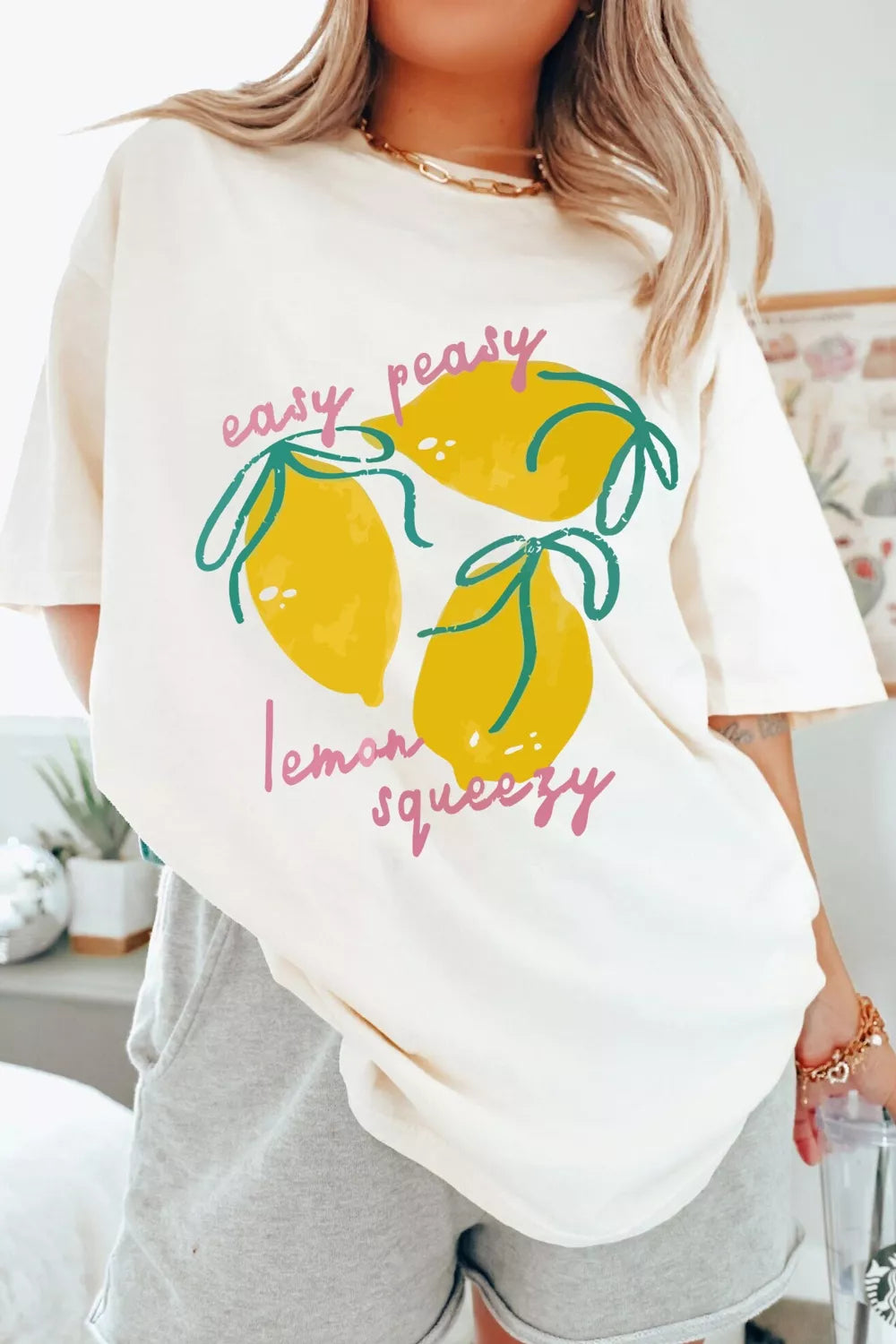 White Easy Peasy Lemon Squeezy graphic tee detail view
