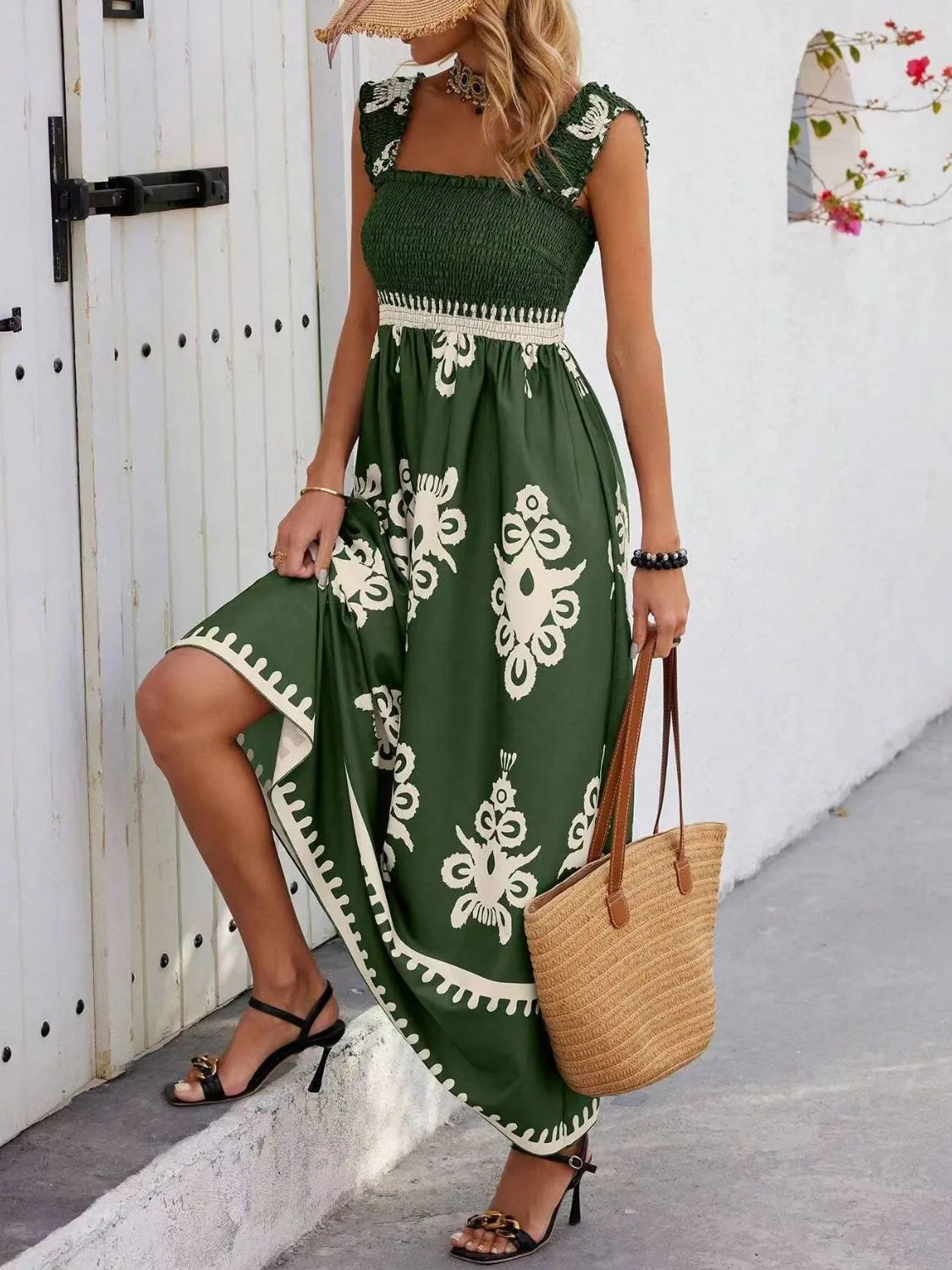 Smocked Printed Wide Strap Maxi Dress, view 20