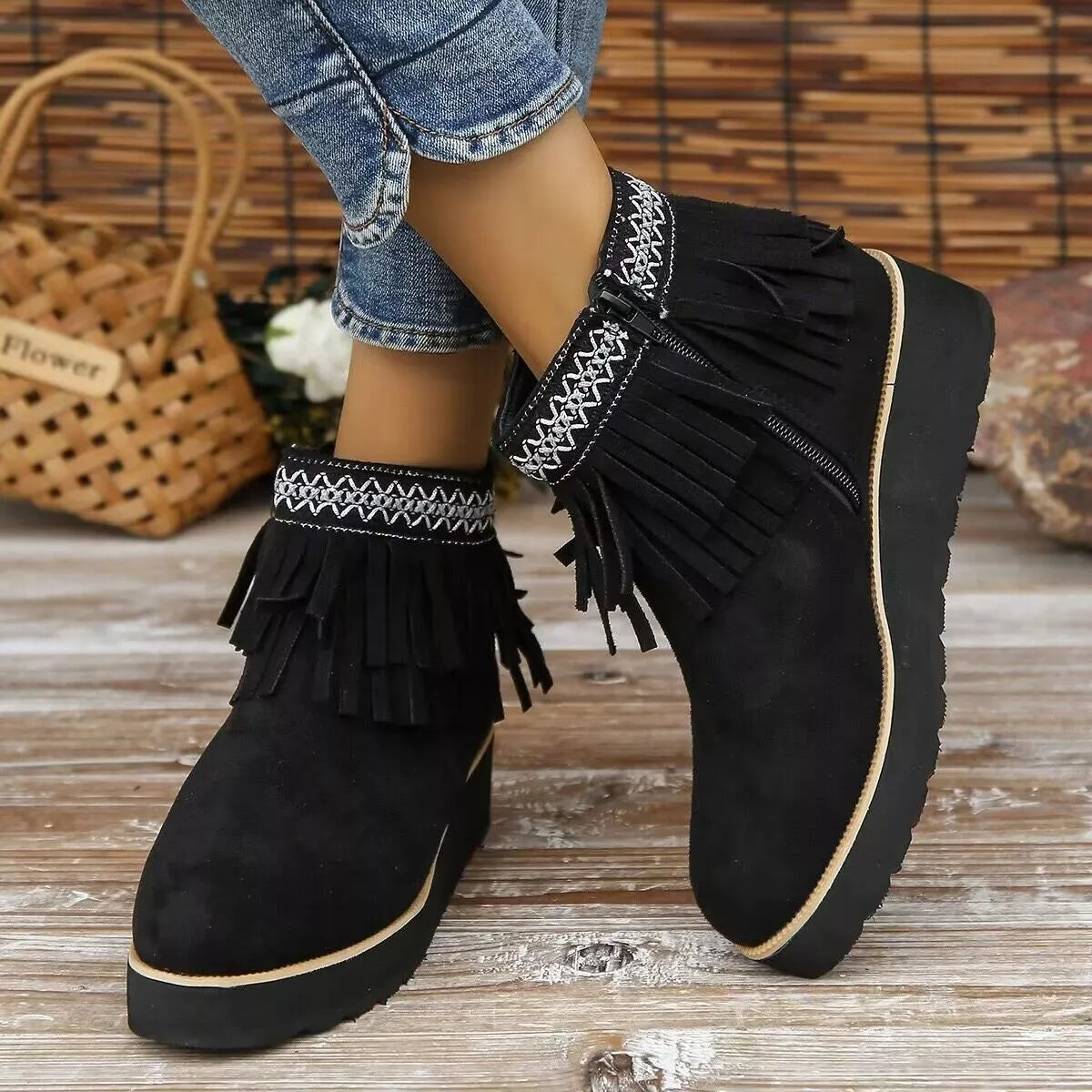 Fringe round toe ankle boots side profile