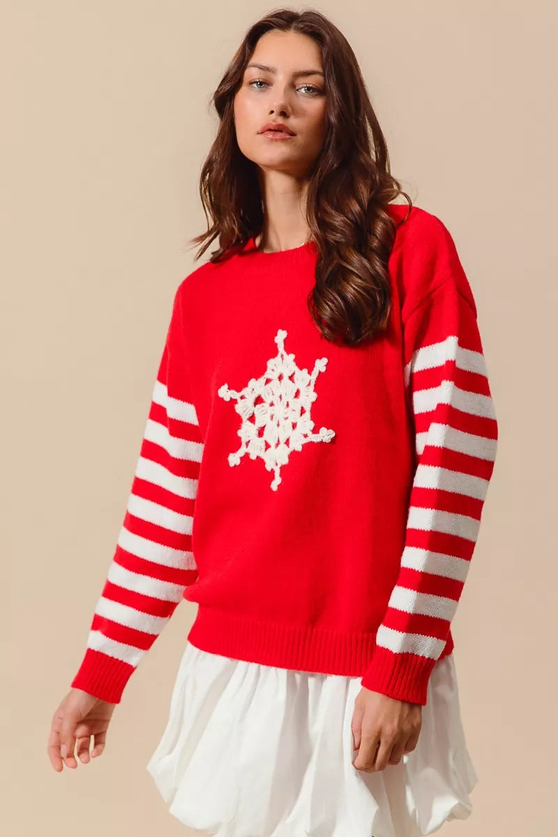 Snowflake Crochet Christmas Sweater in Red and Ivory view 9