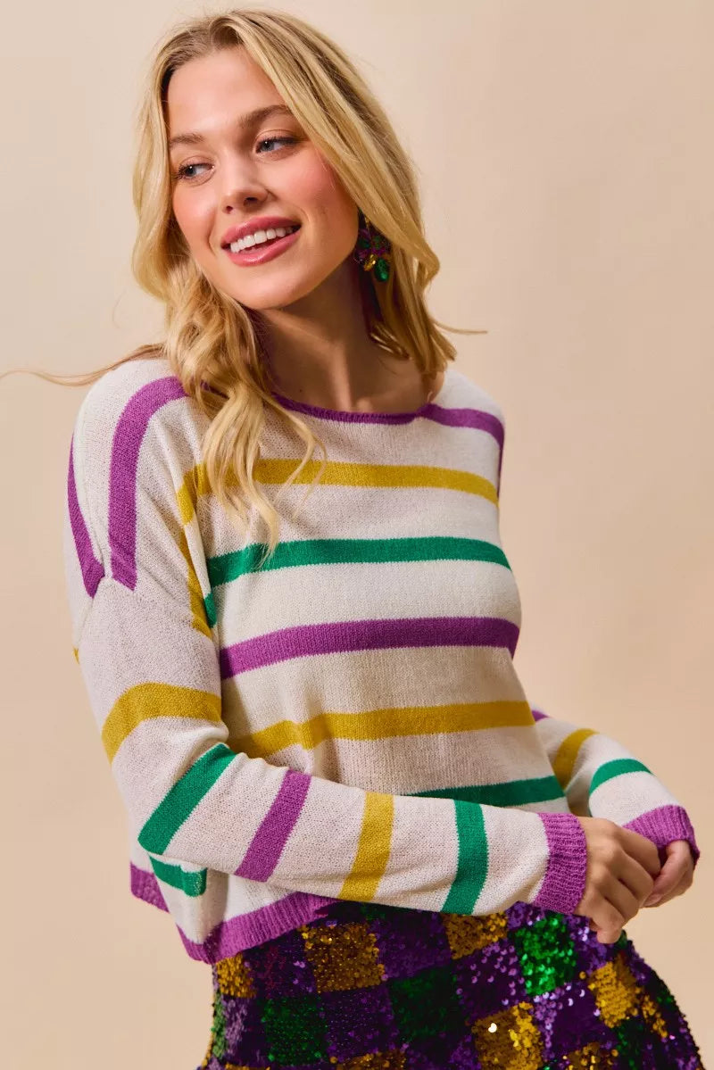 Multi Color Stripe Lightweight Sweater Top in Ivory view 12