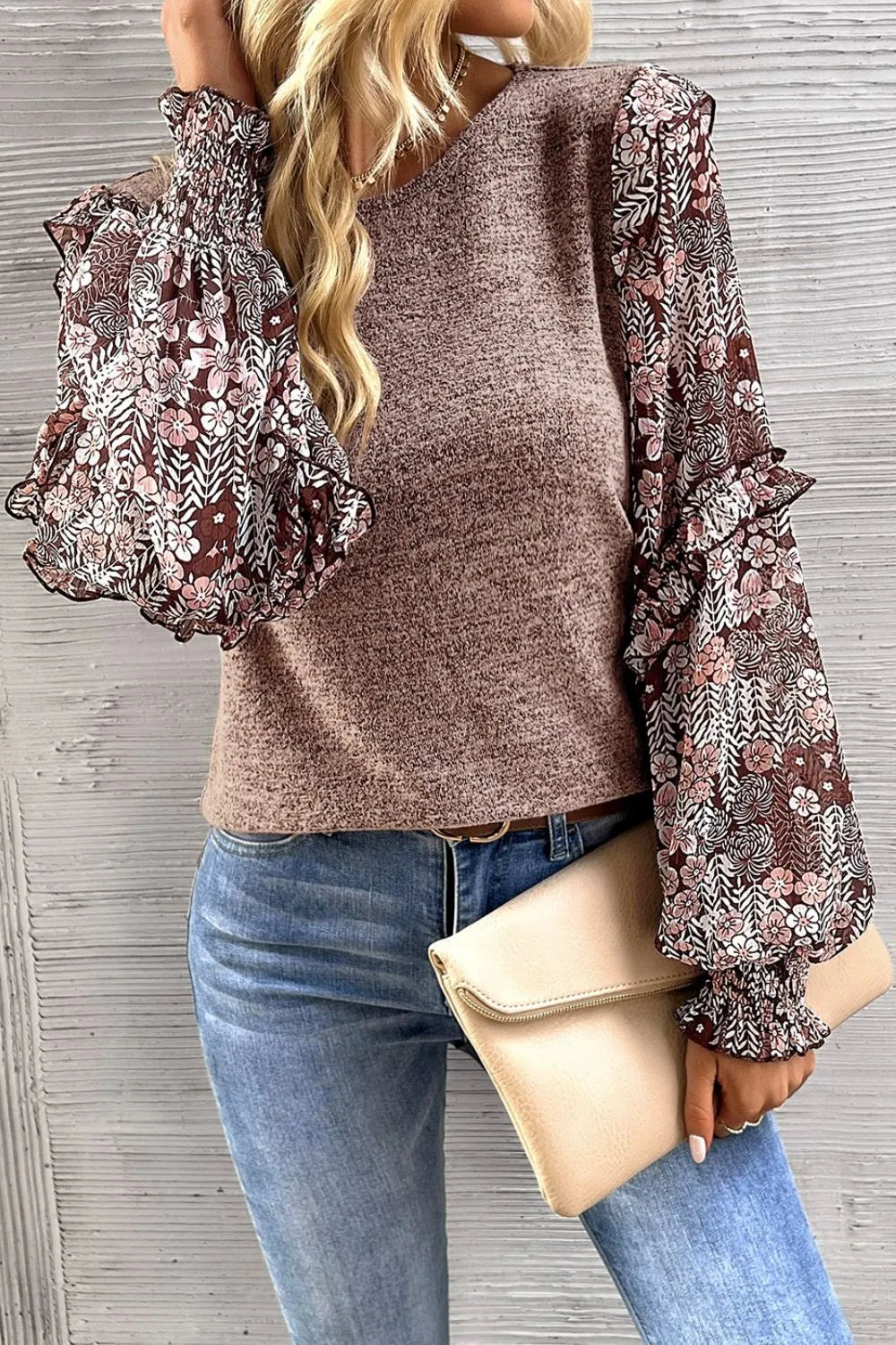Heathered Floral Frill Lantern Sleeve Blouse - Fashorio