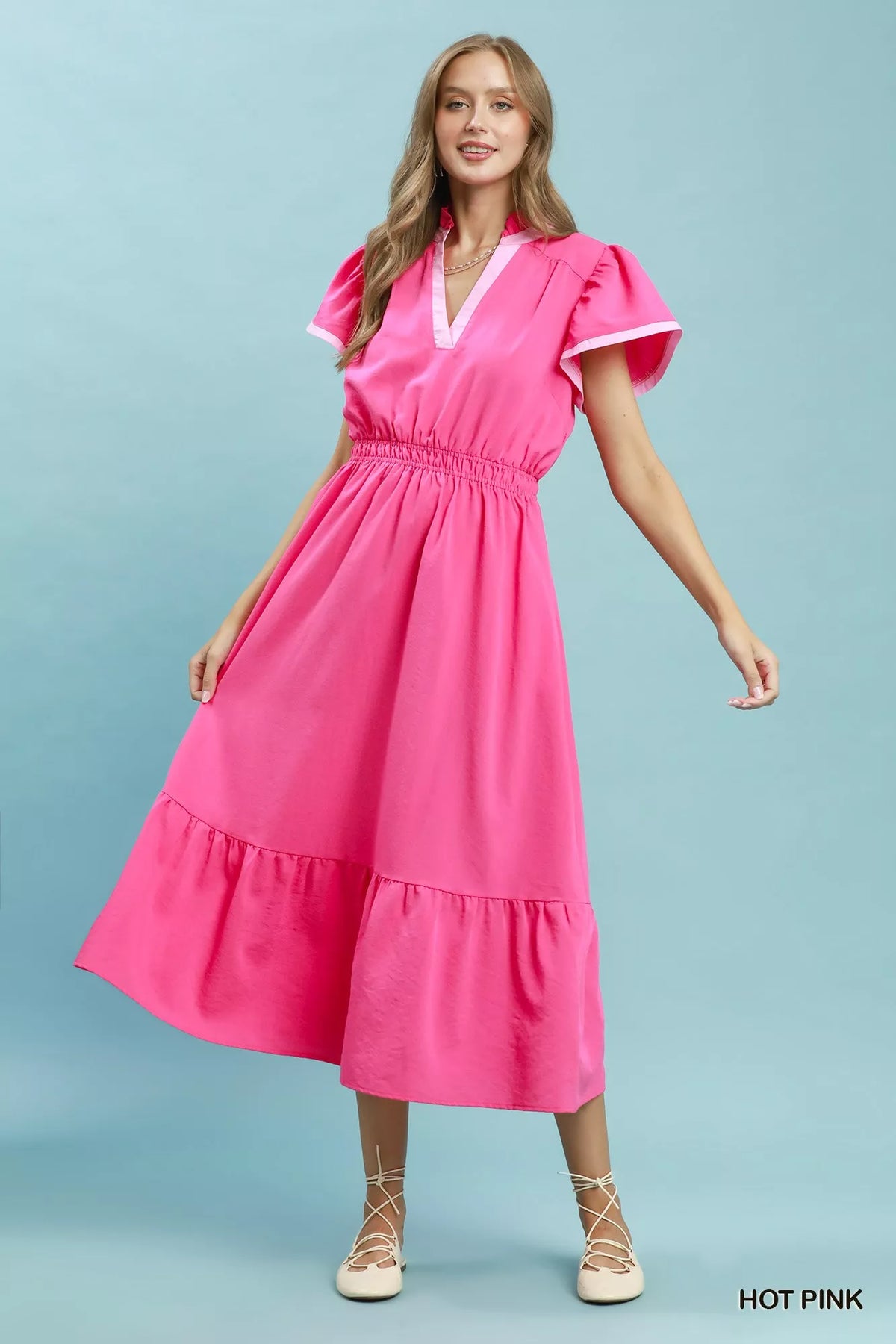 Hot pink contrast trim midi dress back view