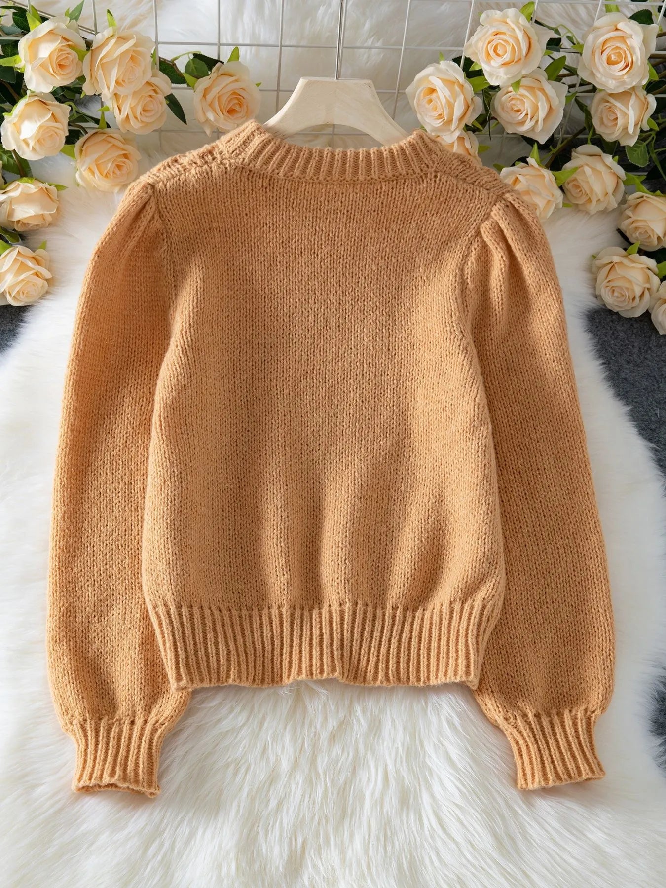 Textured Knit Round Neck Long Sleeve Sweater - Fashorio