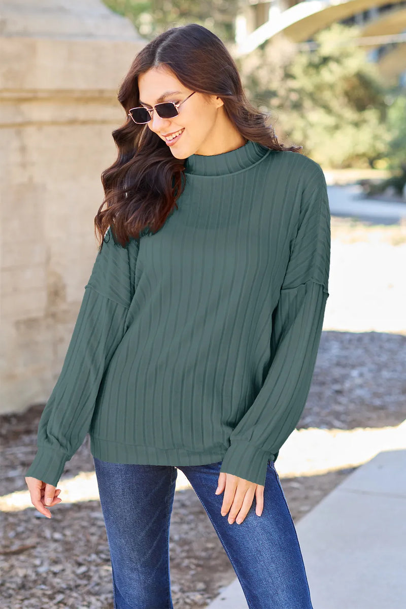 Ribbed mock neck knit top front view