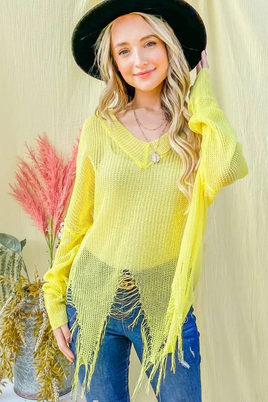 Distressed Mesh V Neck Sweater Cover Up in Yellow styled look