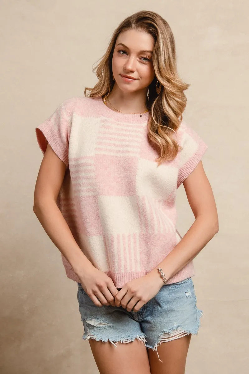 Blush Check and Stripe Sleeveless Sweater view 9