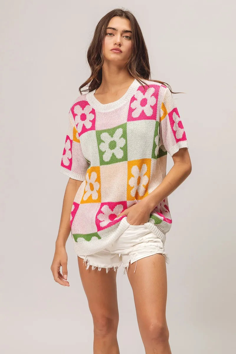 Floral Check Lightweight Sweater Top view 7