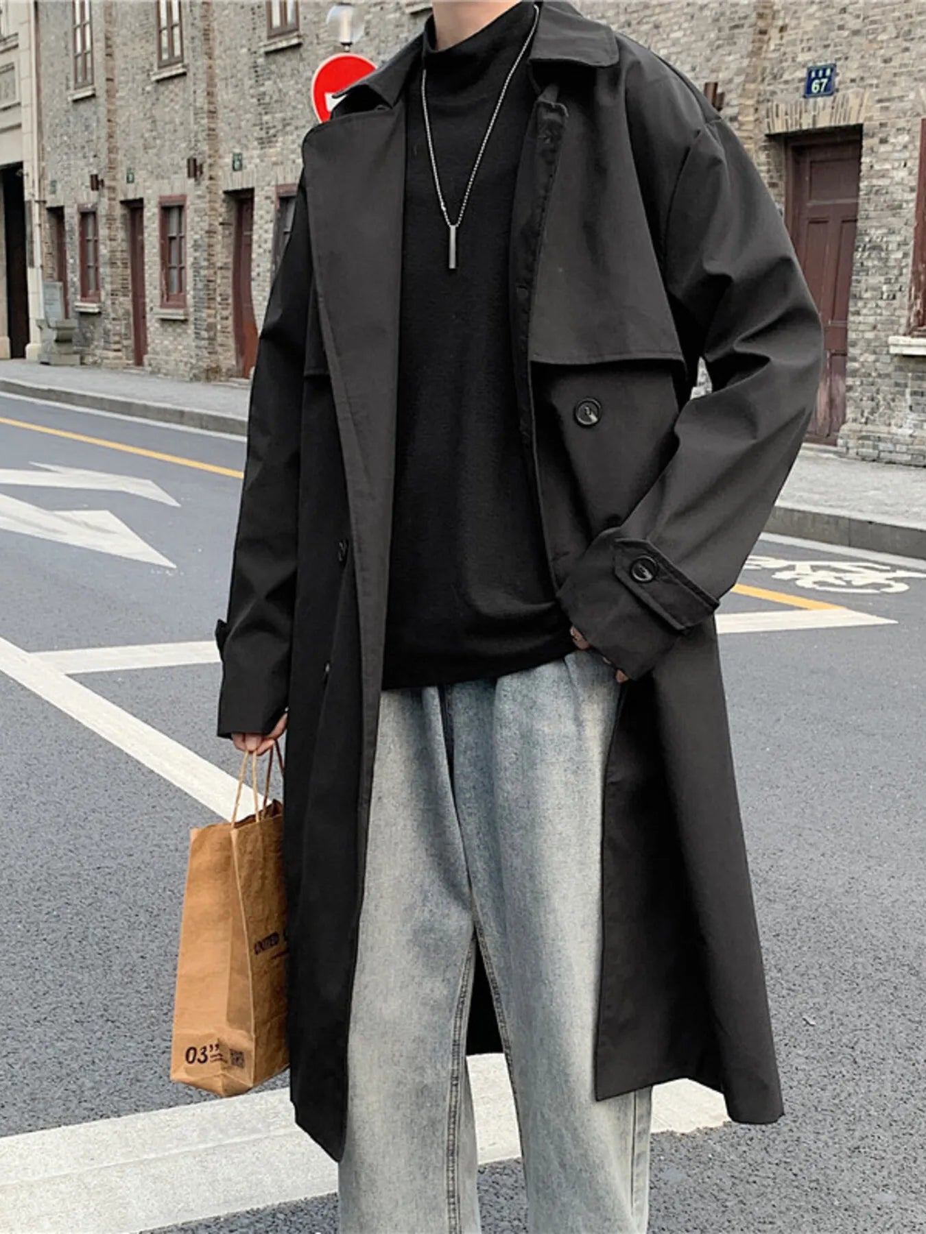 Men's Collared Neck Long Sleeve Trench Coat - Fashorio