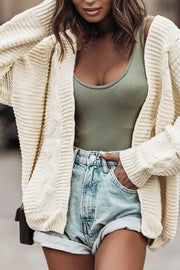 Cable-Knit Open Front Cardigan Ivory - Fashorio