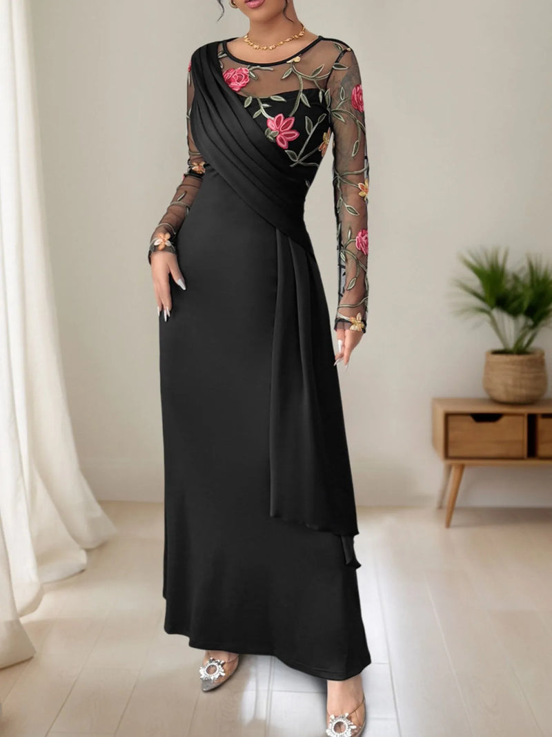 Black floral embroidered mesh sleeve ruched maxi dress front view