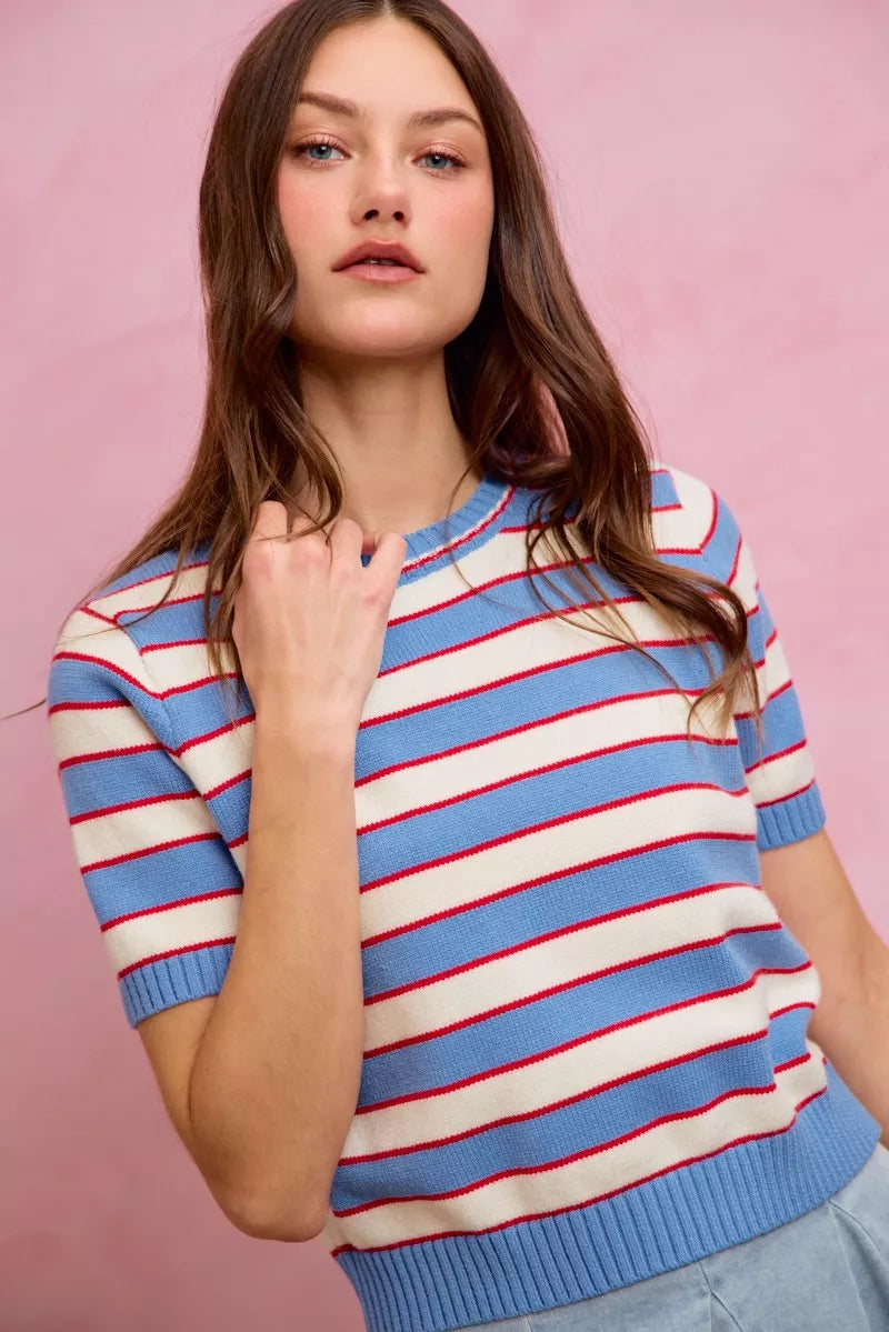 Striped knit sweater top styled outfit