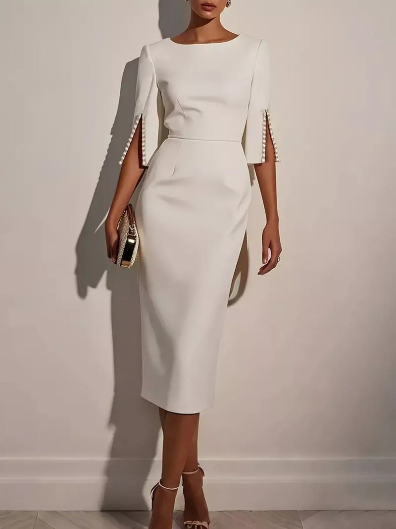 beaded slit sleeve midi dress front view