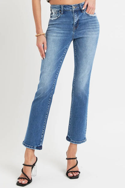 RISEN Full Size Mid Rise Ankle Straight Jeans with Pockets - Fashorio