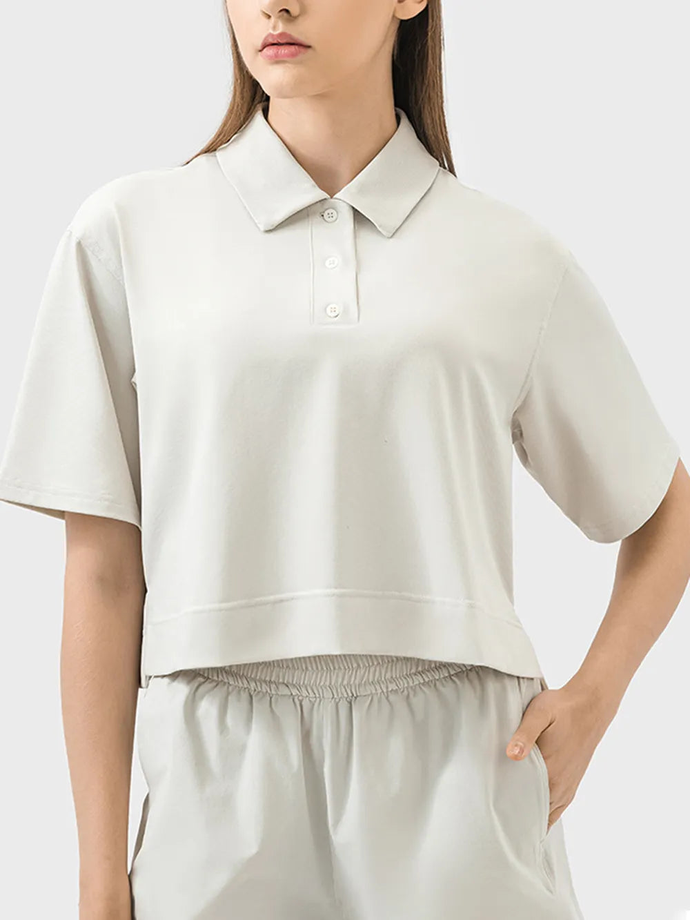 Millennia Half Button Short Sleeve Active T-Shirt Beige - Fashorio