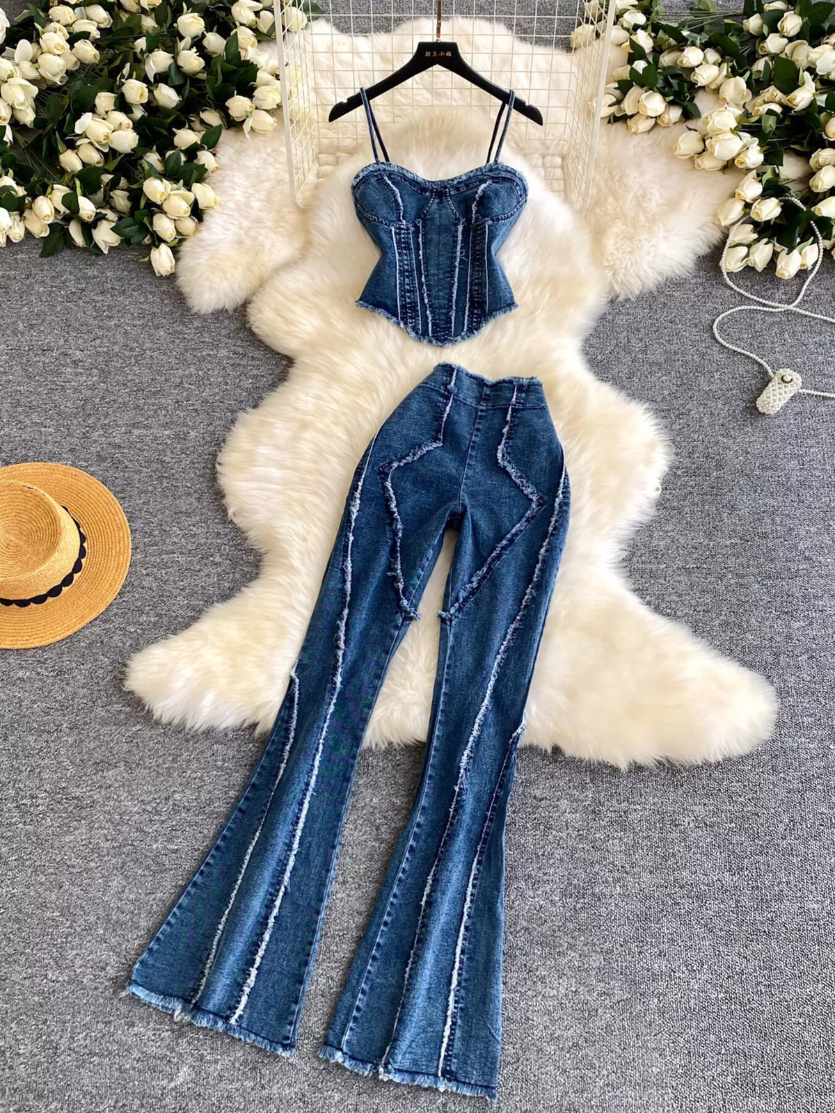 Raw hem denim cami and flare jeans two piece set front view
