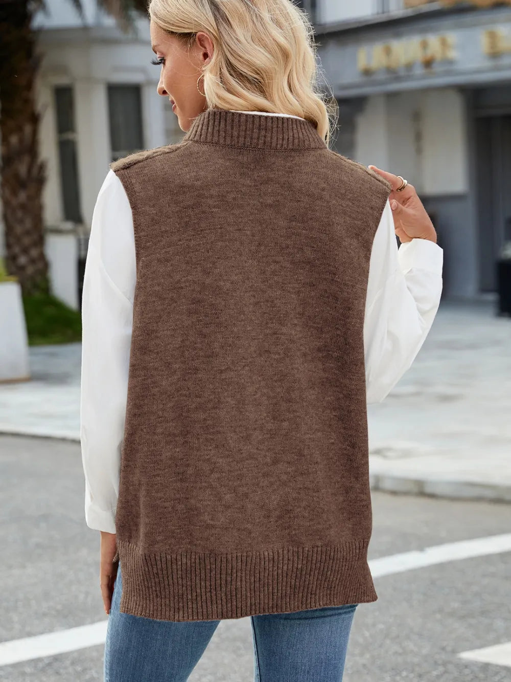 Cable Knit V Neck Sweater Vest in Gray view 7