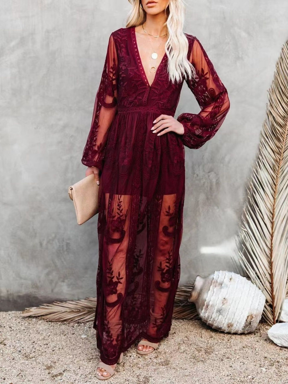 Floral lace slit maxi dress styled look