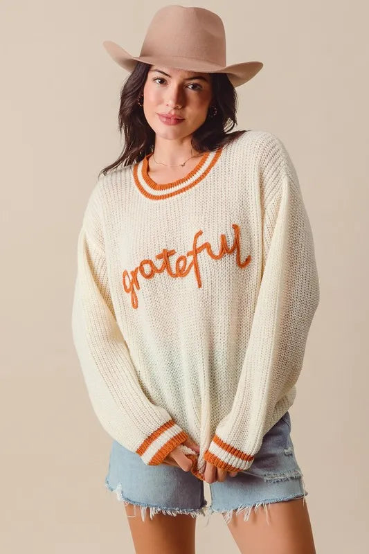 SO ME Thanksgiving Grateful Lettering Stitch Sweater - Fashorio