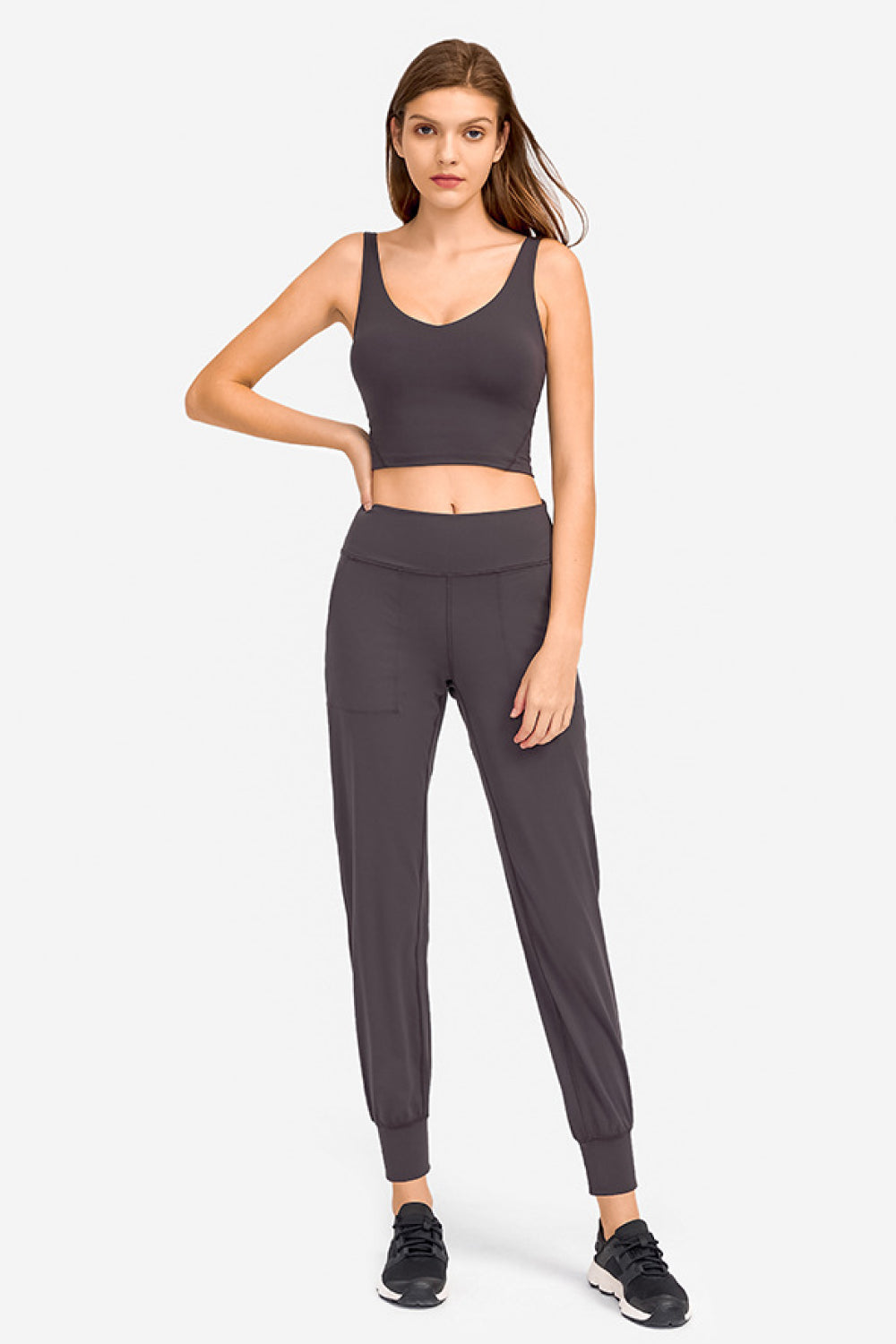 Millennia Deep V-Neck Crop Sports Bra Dark Gray - Fashorio
