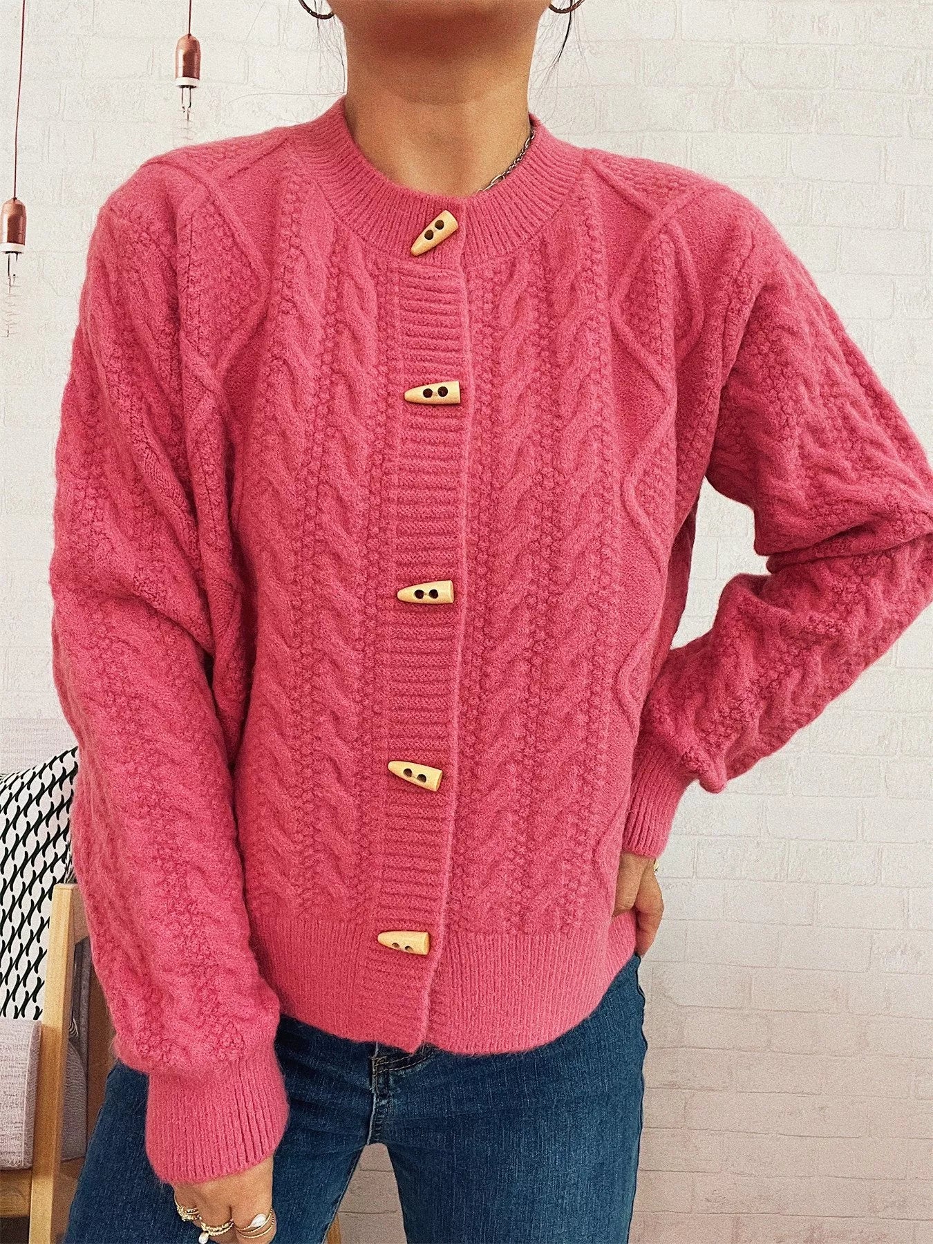 Cable Knit Button-Up Cardigan - Fashorio