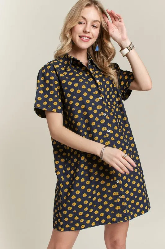 Floral Button Up Mini Denim Dress back view