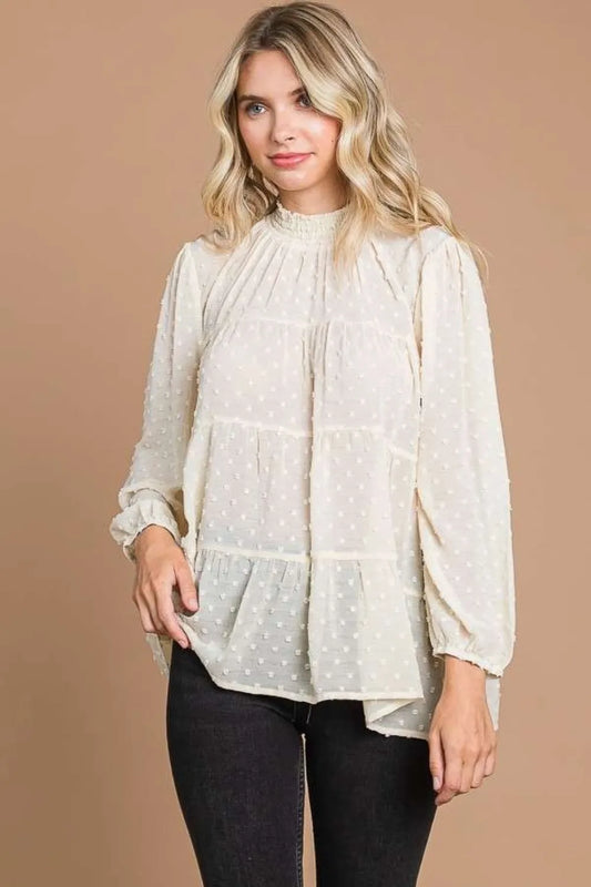 Culture Code Full Size Swiss Dot Smocked Mock Neck Blouse Plus Size IVORY CREAM - Fashorio
