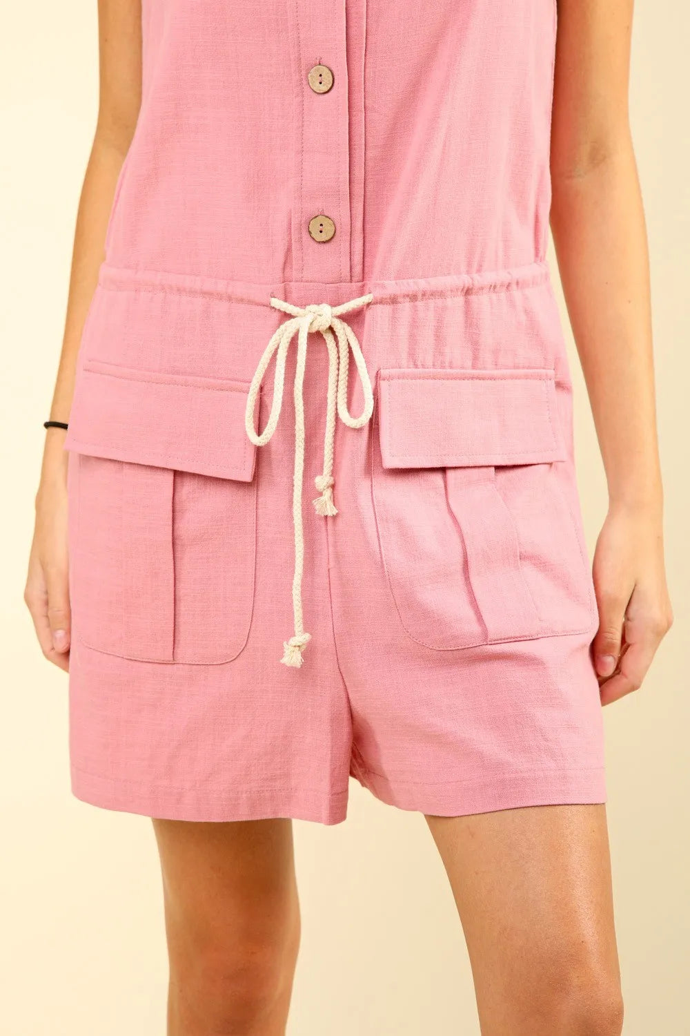 Half Button Drawstring Sleeveless Romper styled look