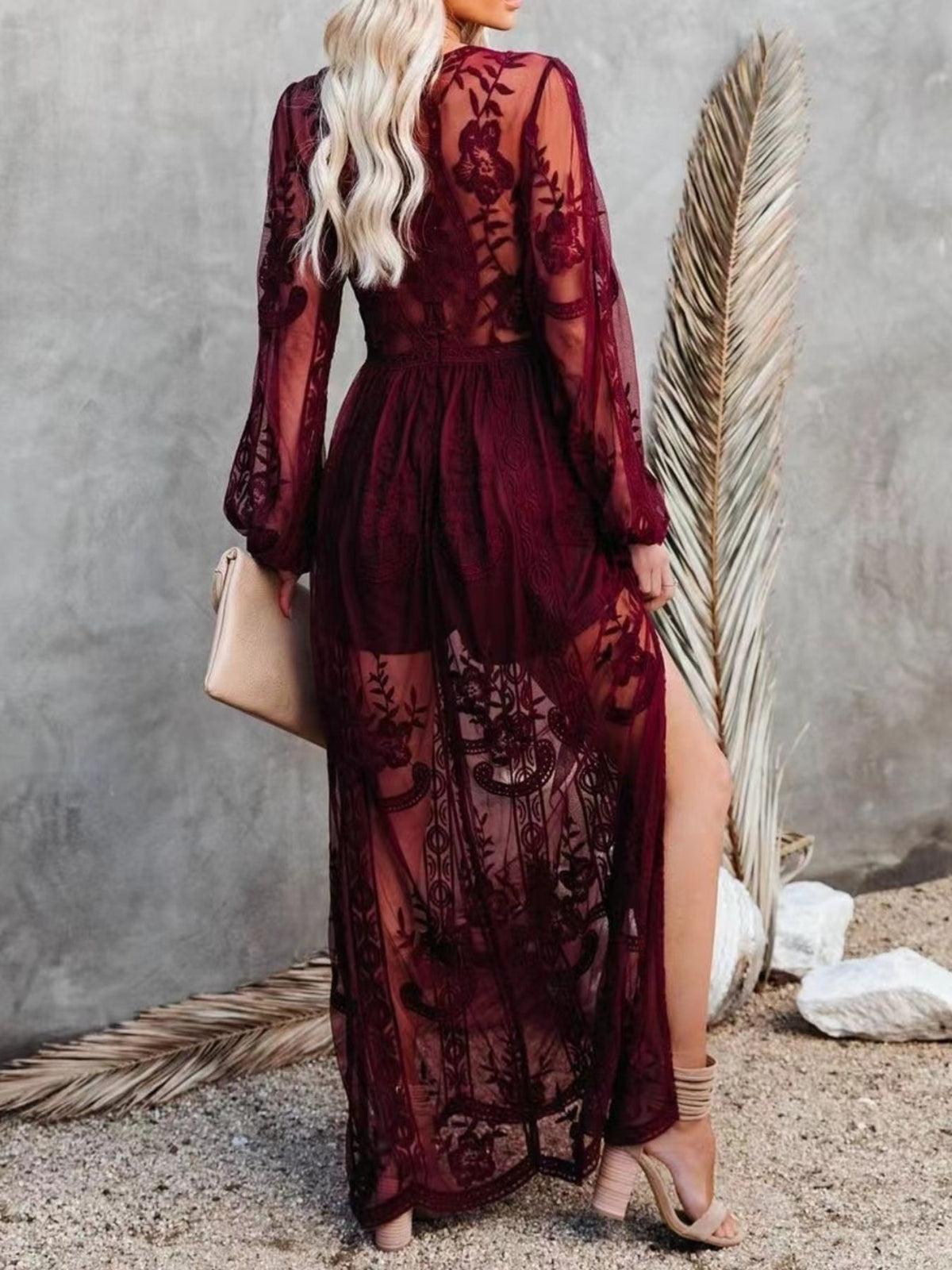 Floral lace slit maxi dress full length view