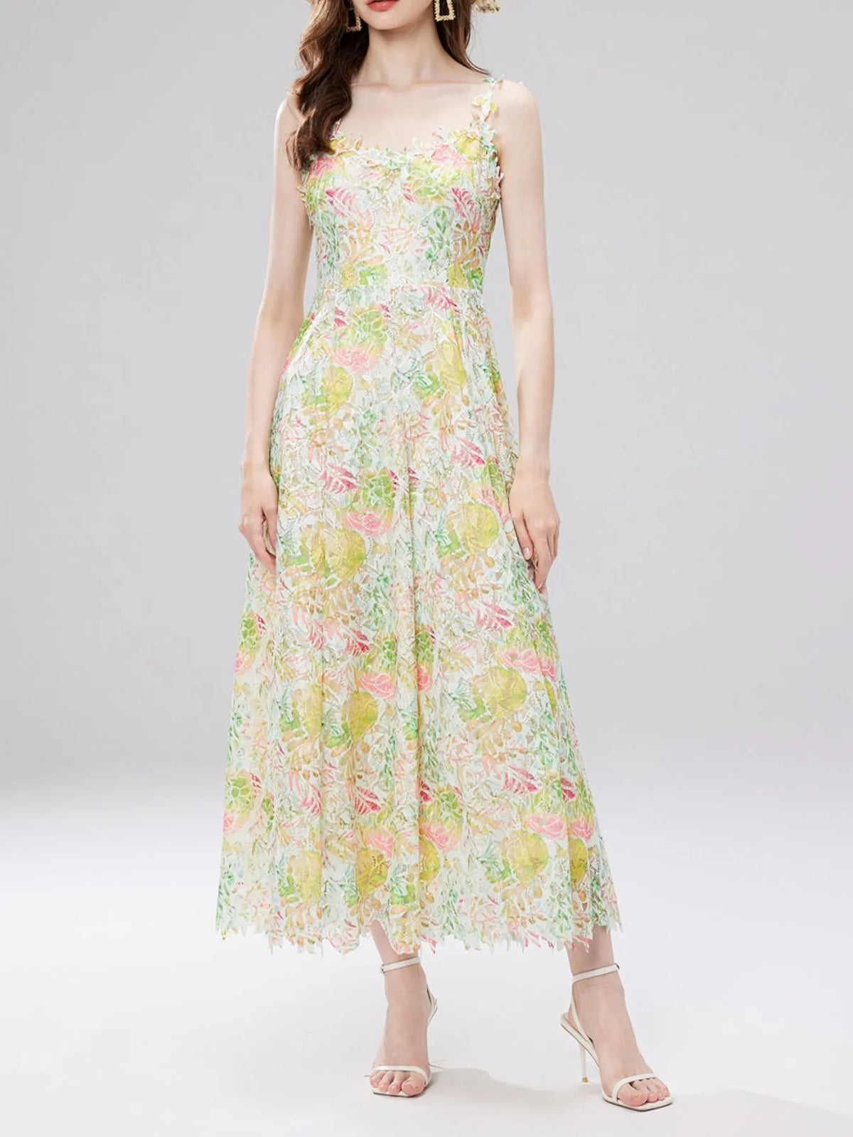 Floral Lace Sleeveless V Neck Midi Dress three quarter view 18