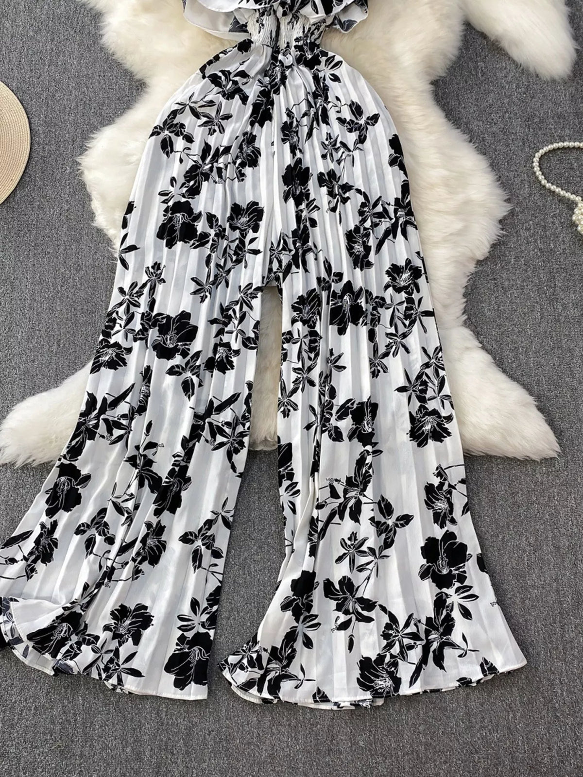 Floral print wide leg pleated jumpsuit back view