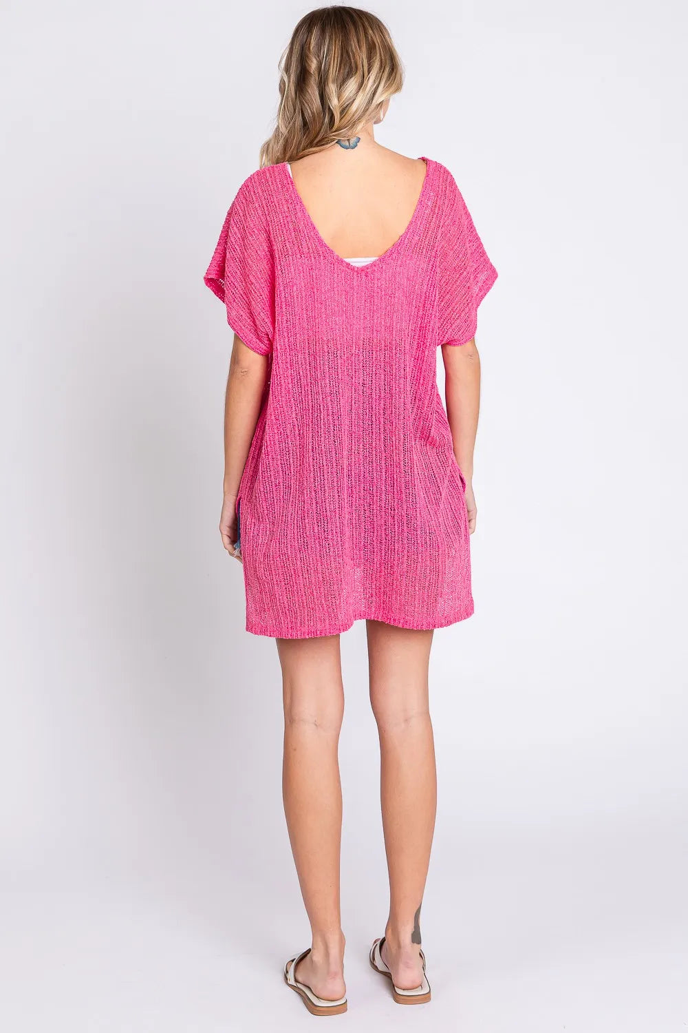 Short Sleeve Side Slit Knit Cover Up Dress on model