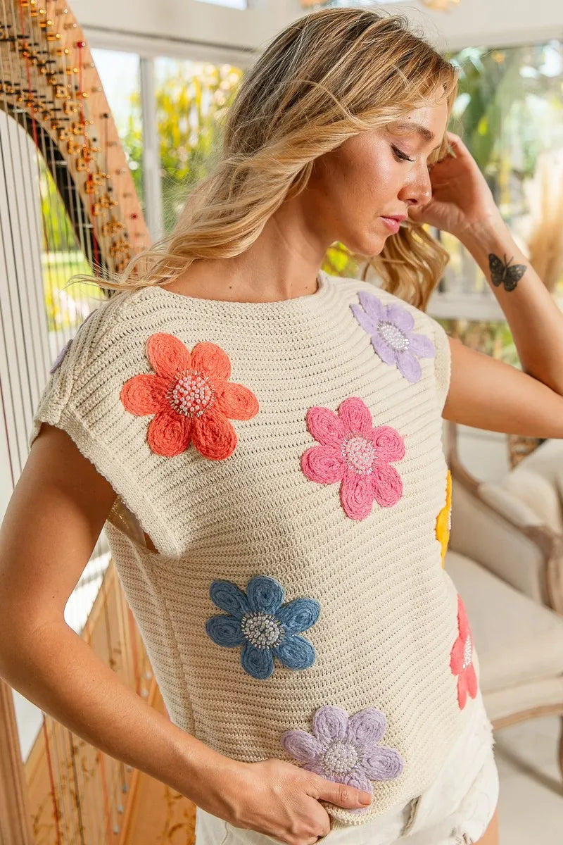 BiBi Multi Jeweled Crochet Flower Patch Sweater Vest - Fashorio