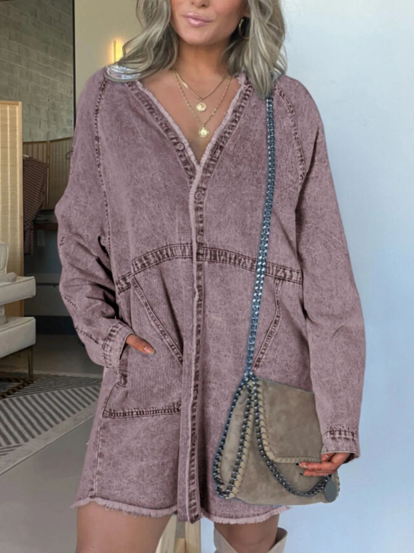 Full Size Button-Front Long Sleeve Denim Shirt Dress Plus Size Gray Purple - Fashorio