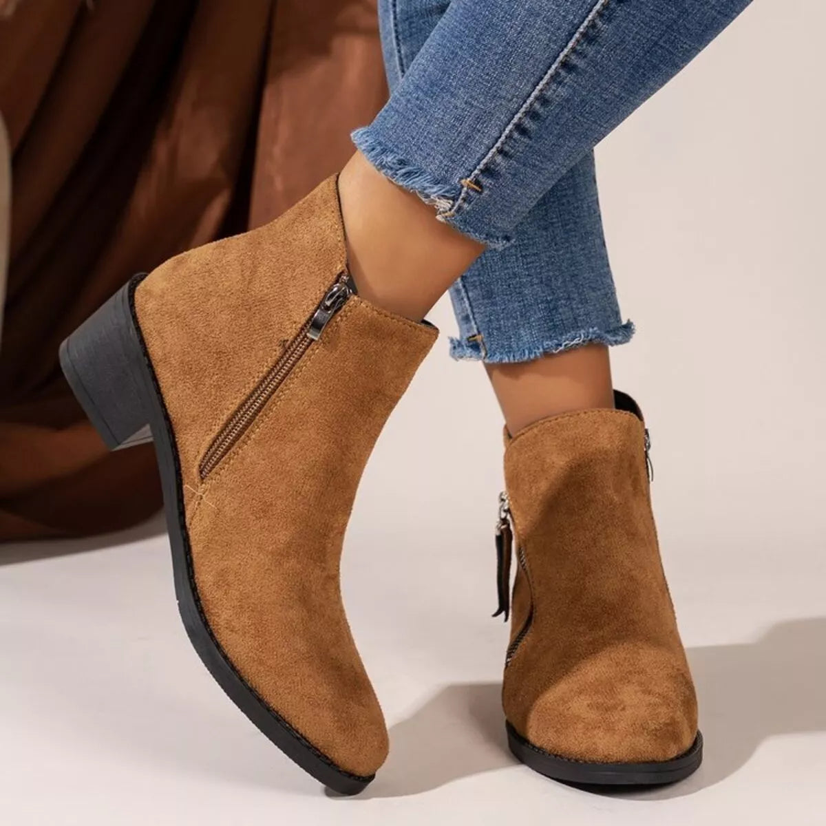 Caramel point toe block heels boots upper texture detail
