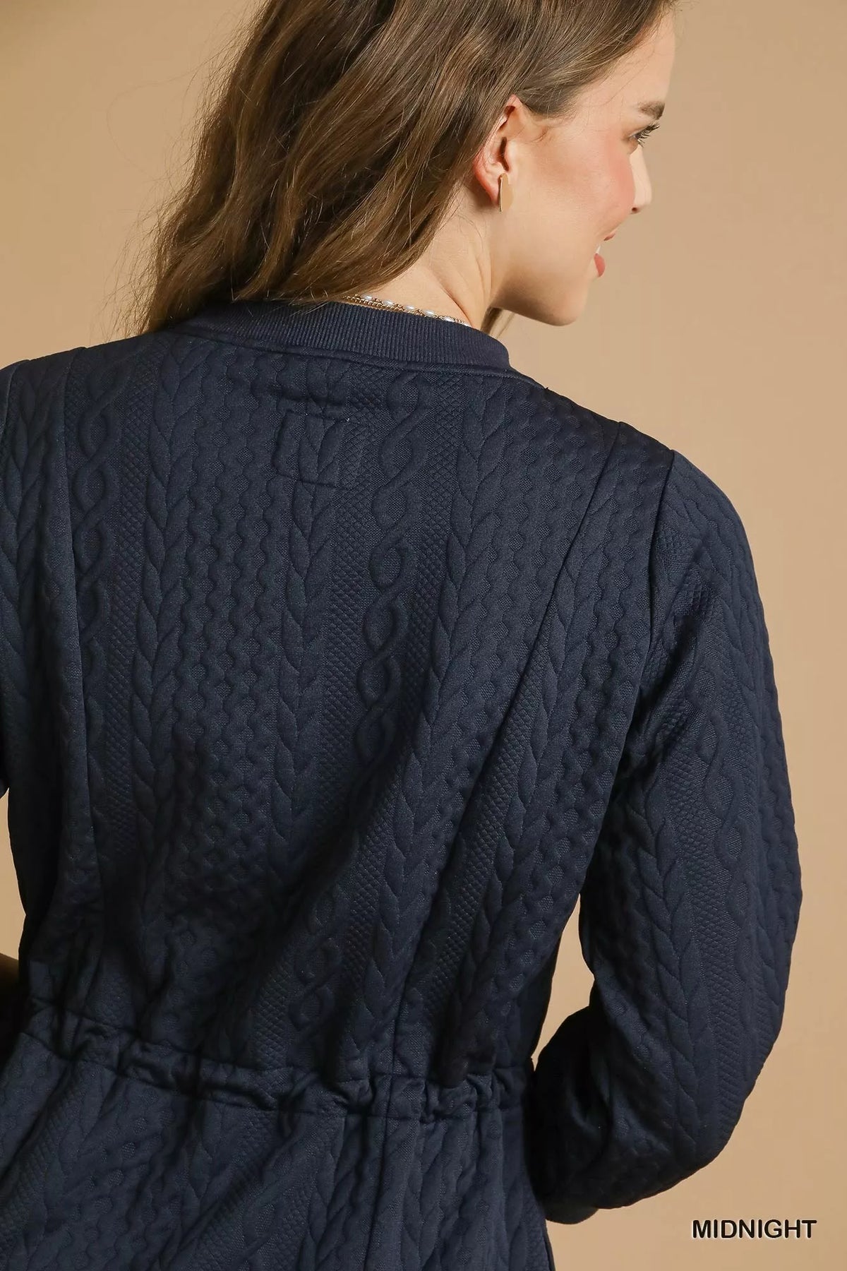 Drawstring Cable Knit Mini Dress with Pockets styled look