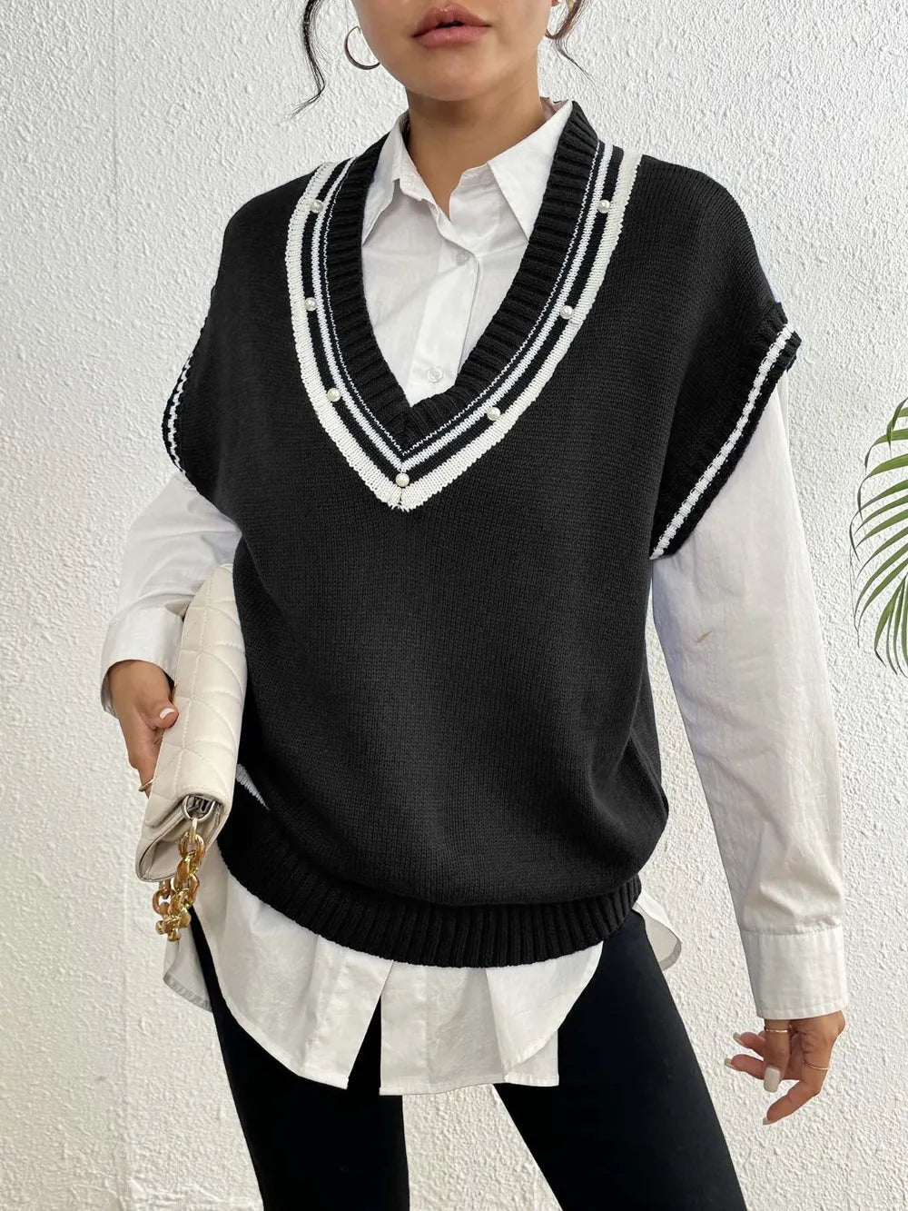 Pearl Trim Contrast V Neck Sweater Vest in Brown close up